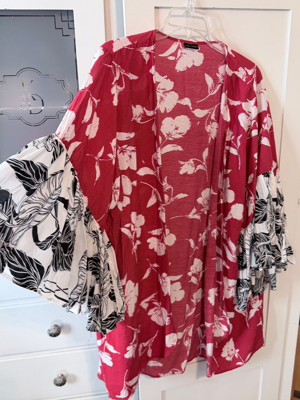 Red Floral Open-Front Kimono Cardigan - Unbranded